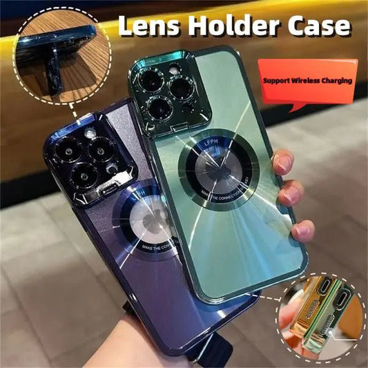 Electroplated Phone Case Luxury Plating CD Pattern Magsafe Bracket Case For 12 13 14 Pro Max Invisible Camera Stand Holder Lens Holder Magnetic Suction - Masterpiece With Love